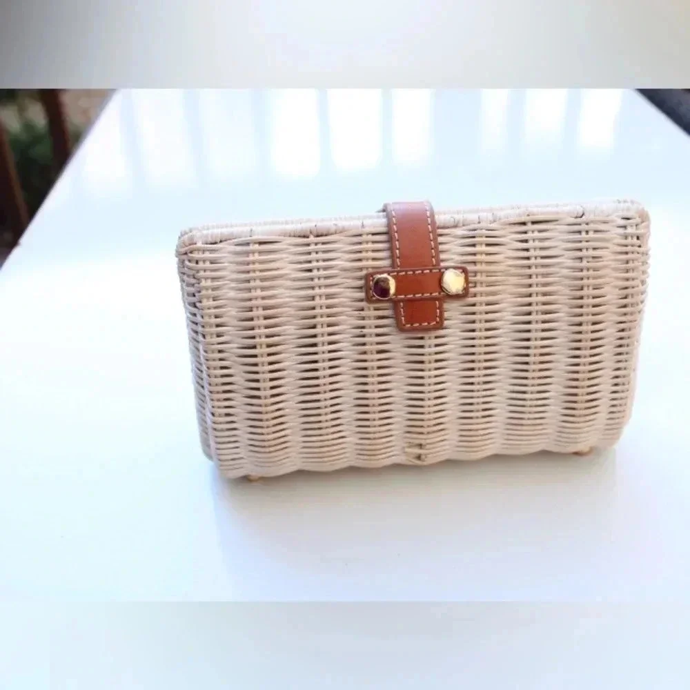 J. McLaughlin Cream Wicker Clutch with Tan Leather Strap